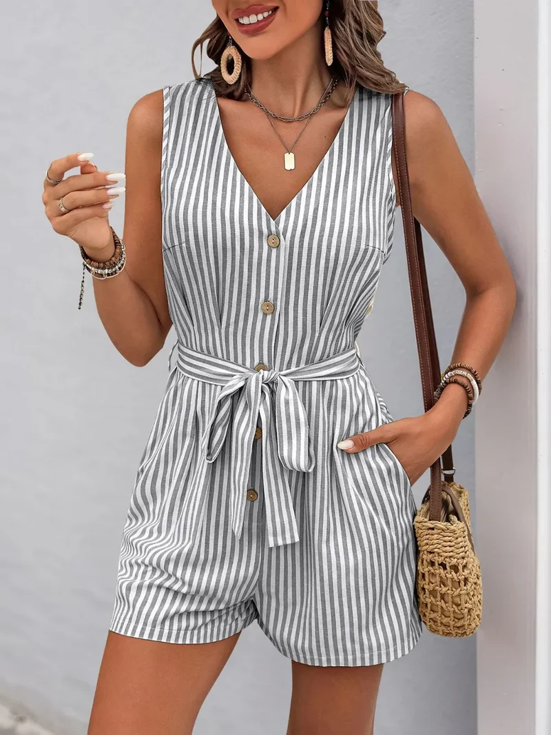 Combinaison rayée à col en V et ceinture nouée Perfee