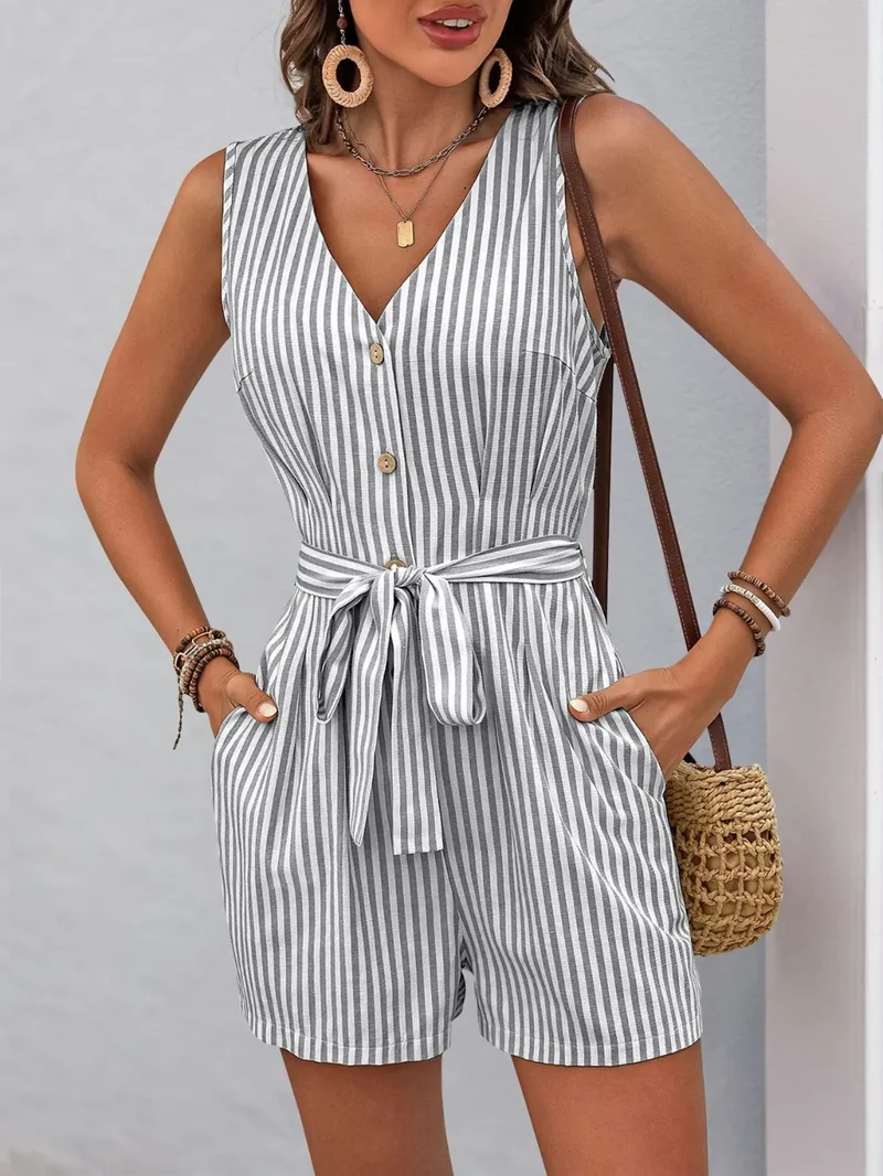 Combinaison rayée à col en V et ceinture nouée Perfee