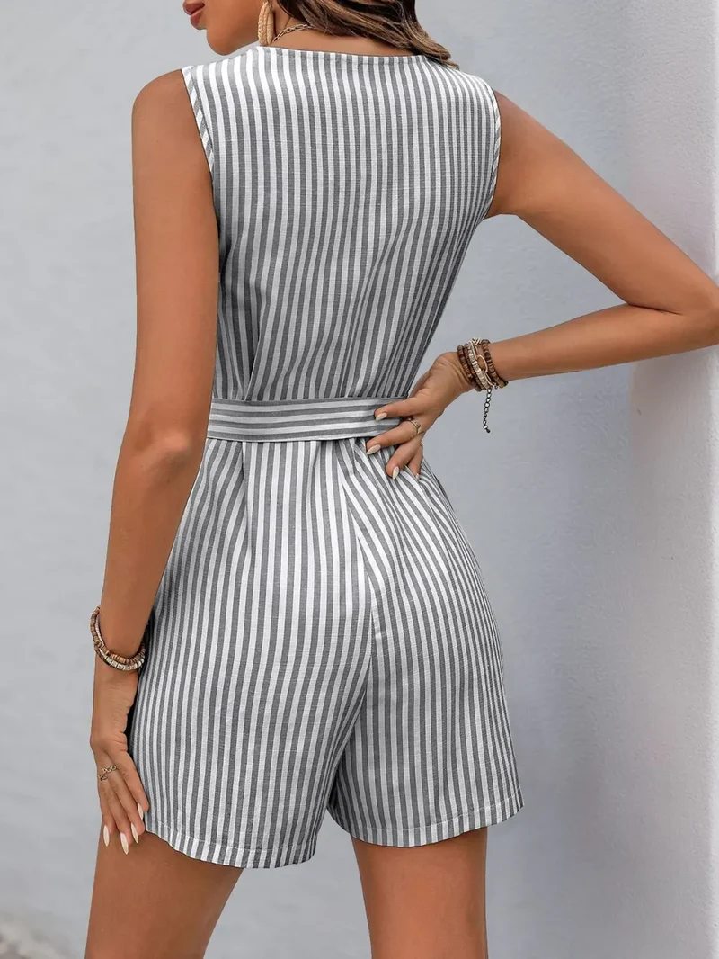 Combinaison rayée à col en V et ceinture nouée Perfee