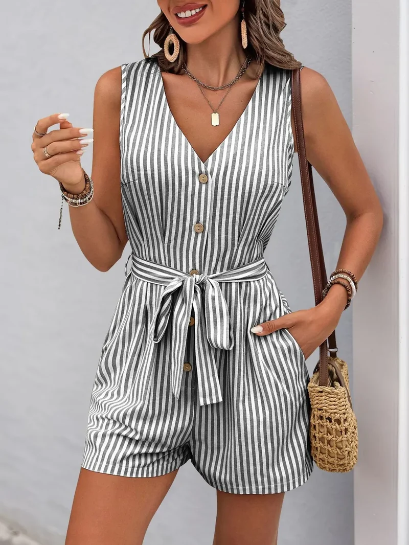 Combinaison rayée à col en V et ceinture nouée Perfee