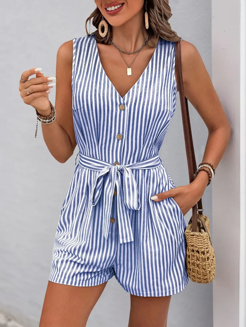 Combinaison rayée à col en V et ceinture nouée Perfee
