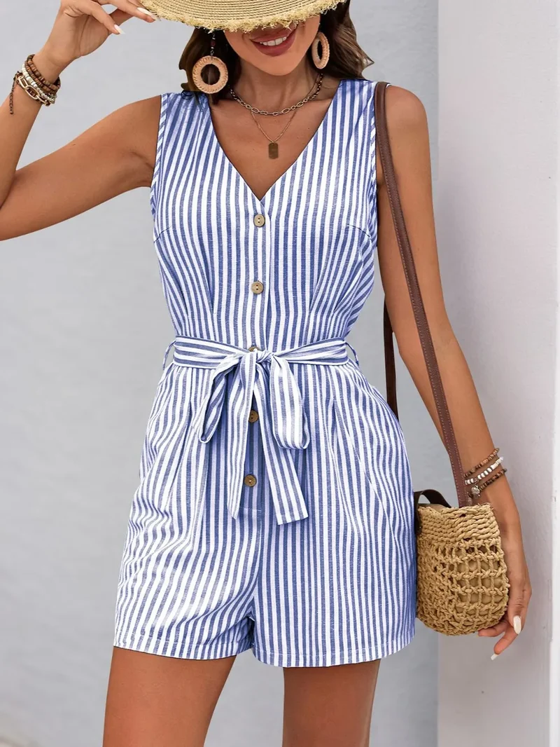 Combinaison rayée à col en V et ceinture nouée Perfee