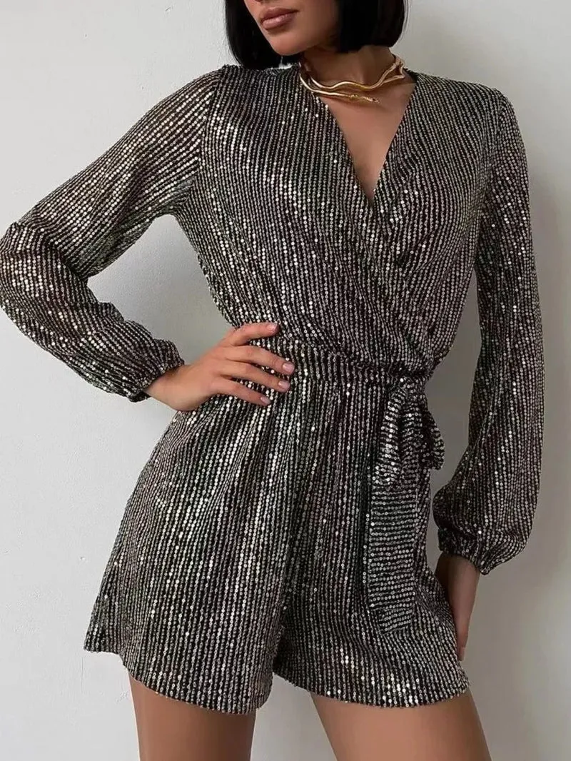 Combinaison à manches longues et surplis à sequins, taille nouée