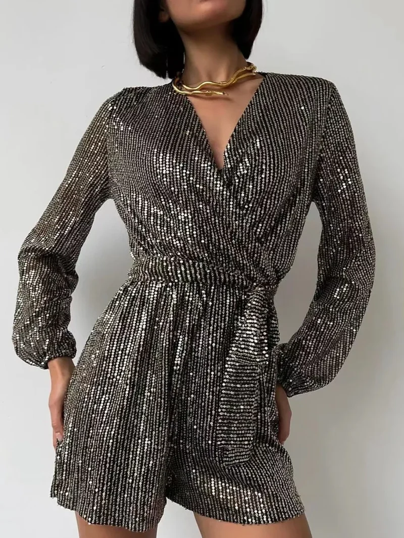 Combinaison à manches longues et surplis à sequins, taille nouée