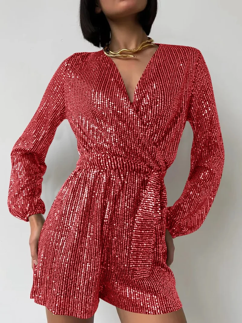Combinaison à manches longues et surplis à sequins, taille nouée