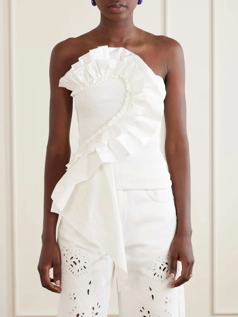 Exquisite Ruffle Tube Top & Eyelet Wide-Leg Pants Two-Piece Set