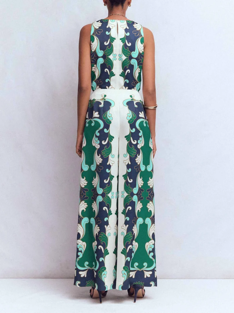 Retro Print Sleeveless Top & Wide-Leg Pants Two-Piece Set