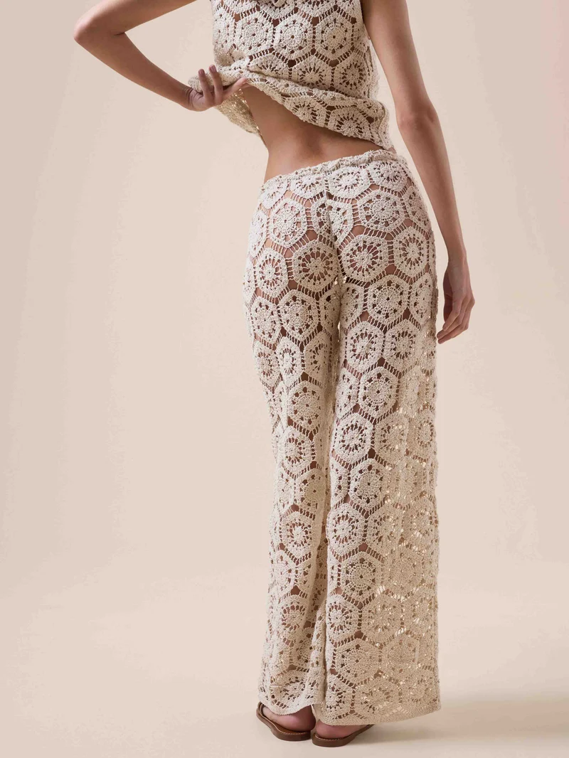 Bohemian Crochet Cutout Top & Wide-Leg Pants Two-Piece Set