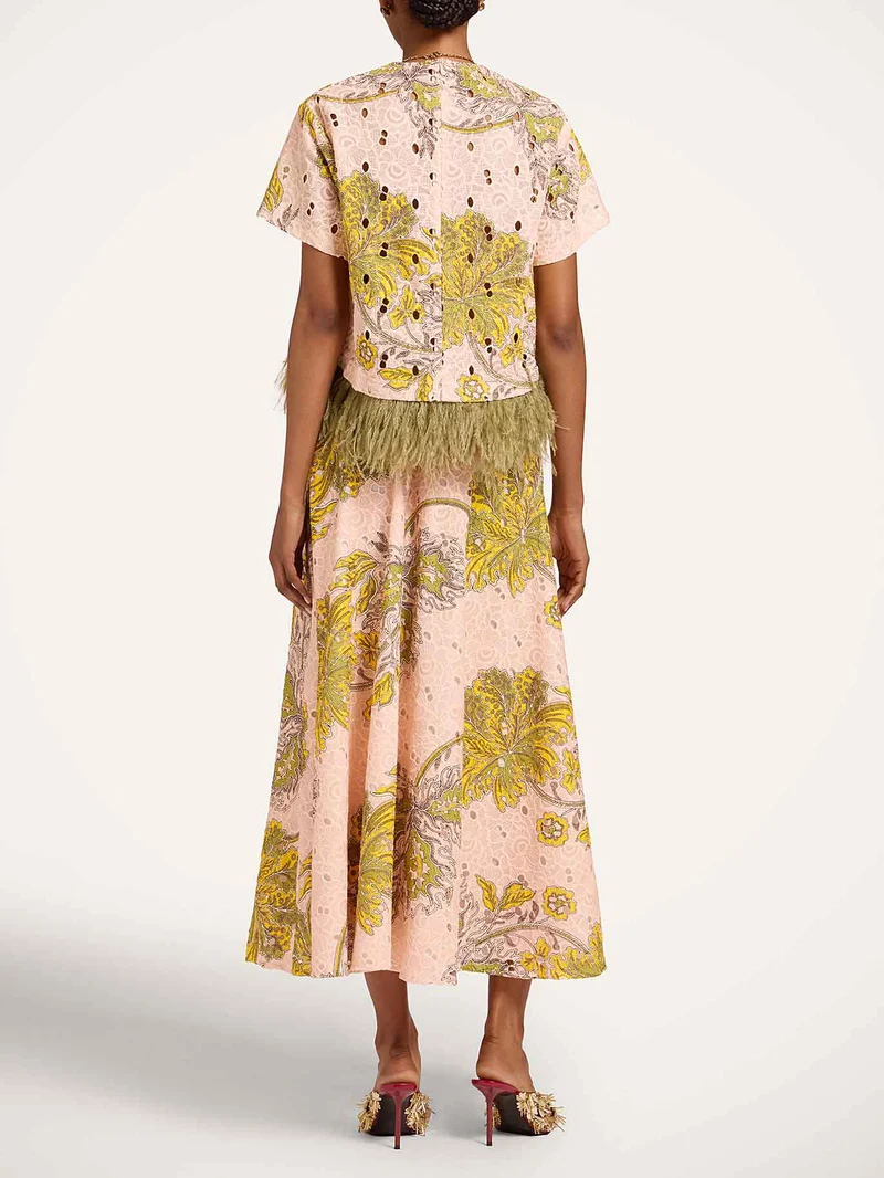 Elegant Paisley Print Feather Trim Top