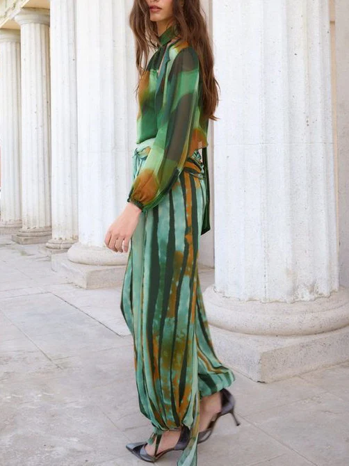 Abstract Watercolor Print Halter & Pants Two-Piece Set