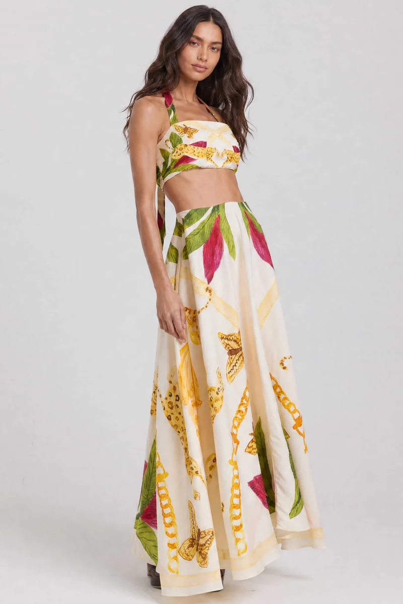 Printed Lace-Up Top And Skirt Set