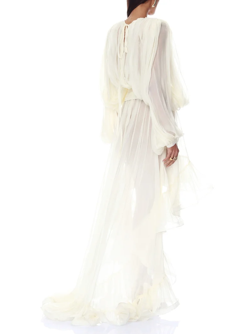 Elegant Sheer Ruffle Blouse & Layered High-Low Skirt Two-Piece Set
