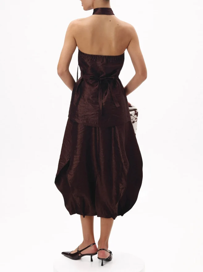 Elegant Textured Brown Halter Two-Piece Set
