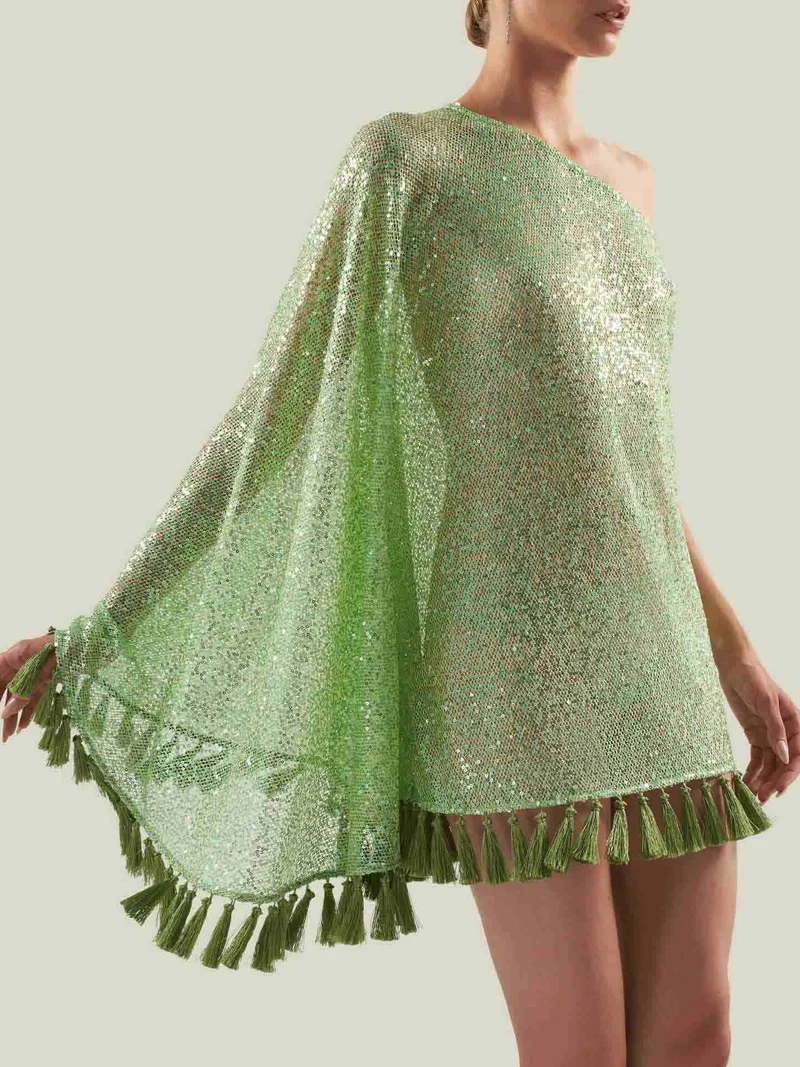 Elegant One-Shoulder Sequin Tassel Top & Flared Pants Two-Piece Set