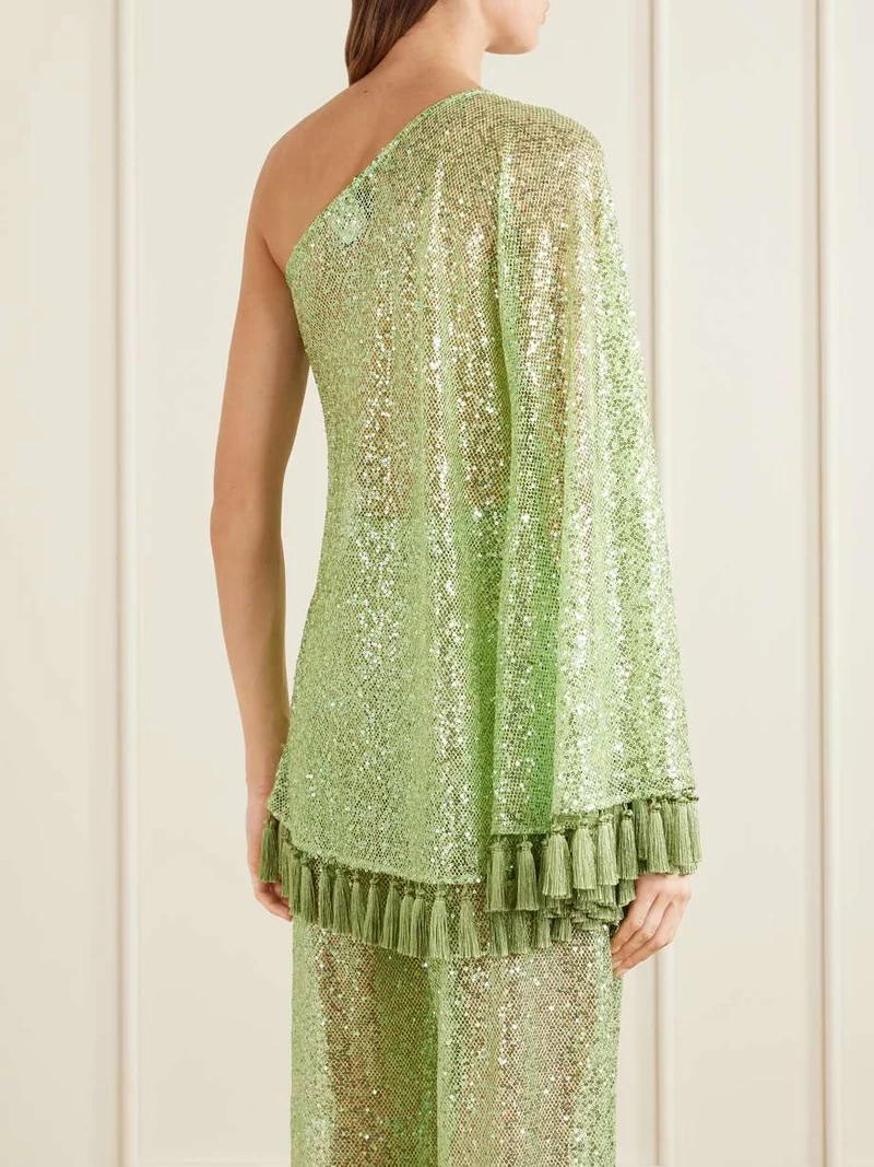 Elegant One-Shoulder Sequin Tassel Top & Flared Pants Two-Piece Set