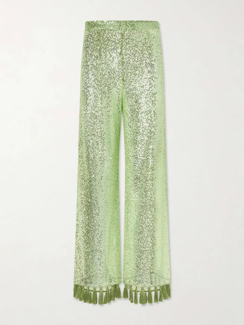 Elegant One-Shoulder Sequin Tassel Top & Flared Pants Two-Piece Set