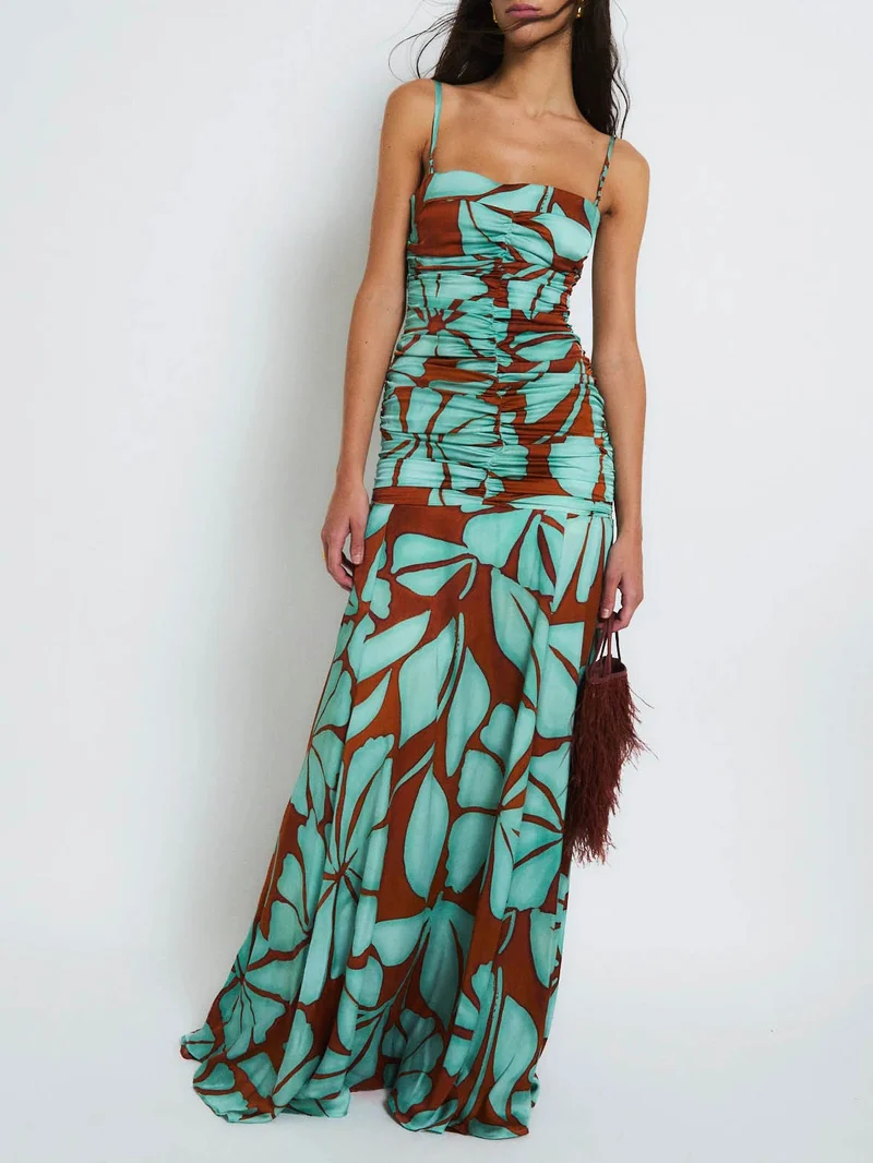 Bohemian Tropical Leaf Print Satin Maxi Dress Two-Piece Set