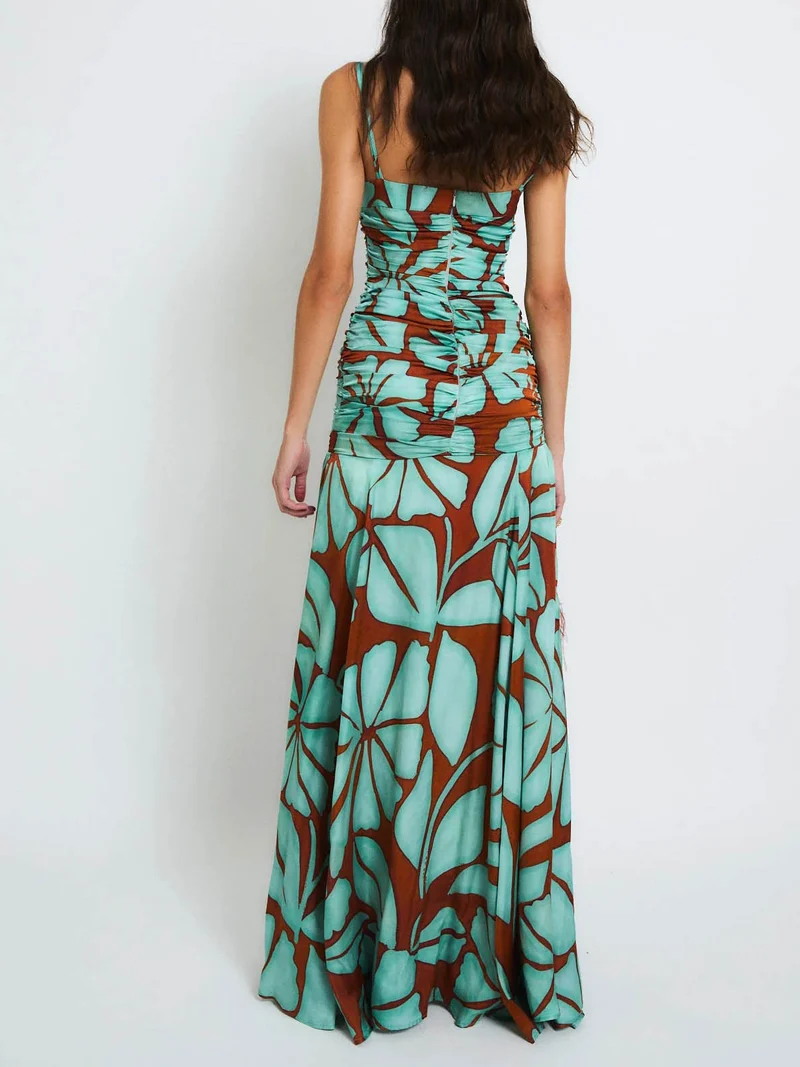 Bohemian Tropical Leaf Print Satin Maxi Dress Two-Piece Set
