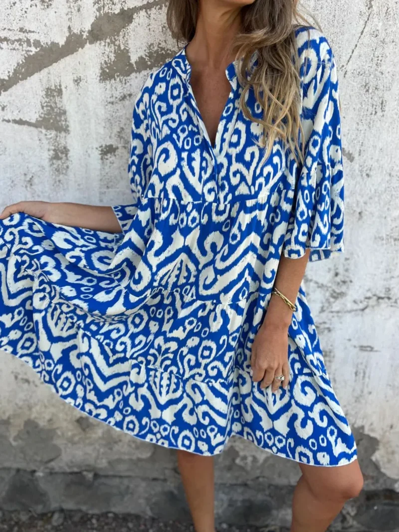 Robe imprimée à manches courtes et crantées, grande taille