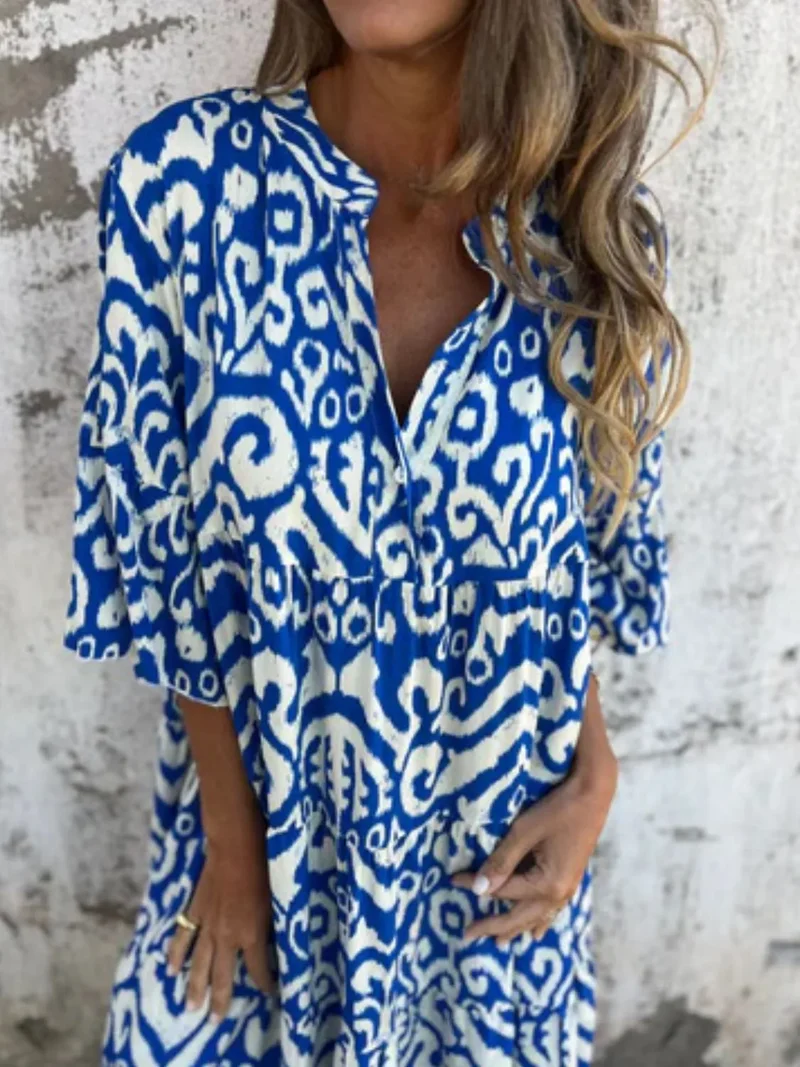 Robe imprimée à manches courtes et crantées, grande taille