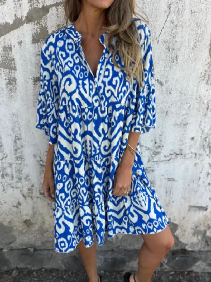 Robe imprimée à manches courtes et crantées, grande taille