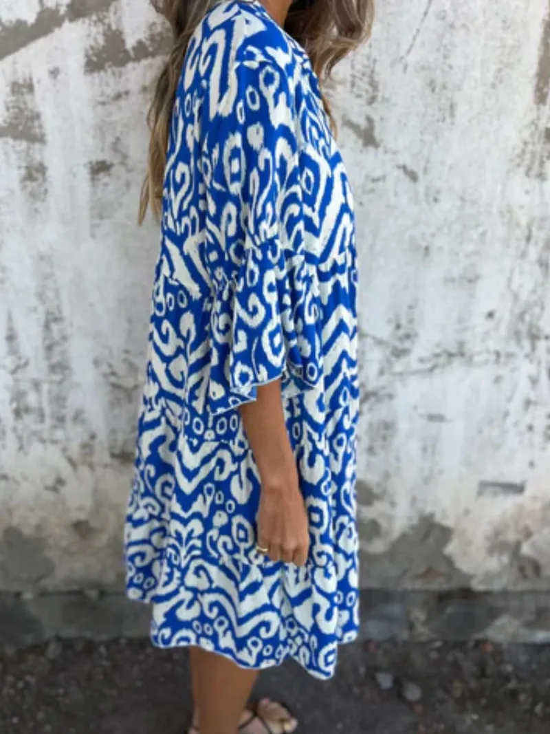 Robe imprimée à manches courtes et crantées, grande taille