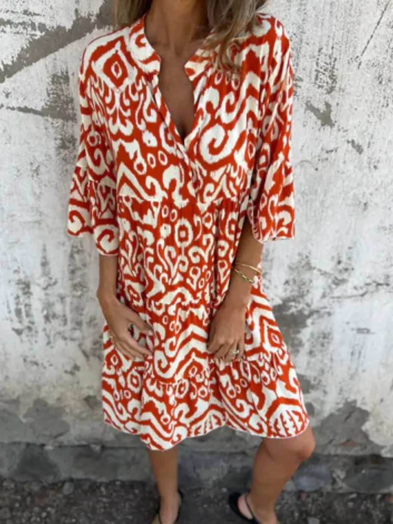 Robe imprimée à manches courtes et crantées, grande taille