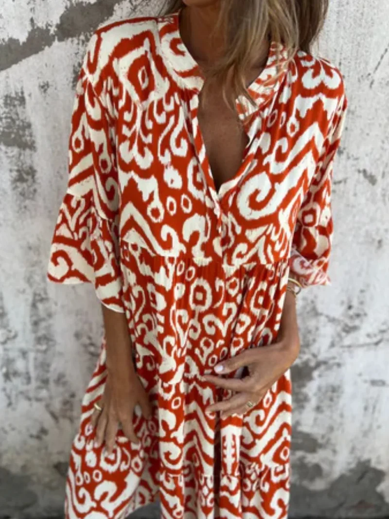 Robe imprimée à manches courtes et crantées, grande taille