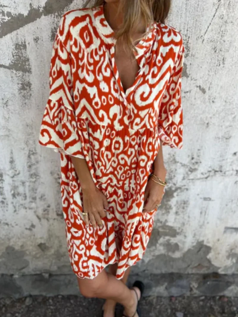 Robe imprimée à manches courtes et crantées, grande taille
