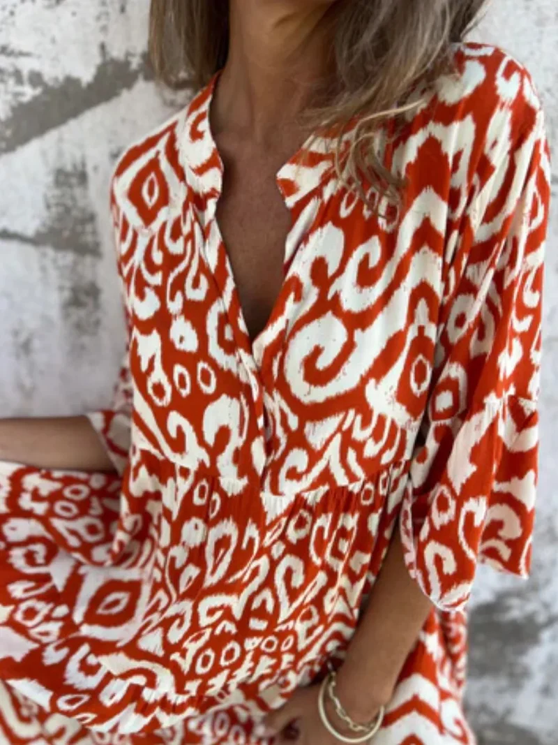 Robe imprimée à manches courtes et crantées, grande taille