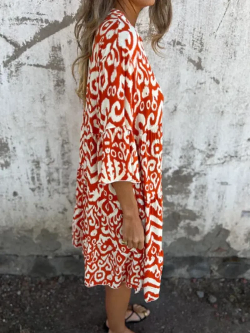 Robe imprimée à manches courtes et crantées, grande taille