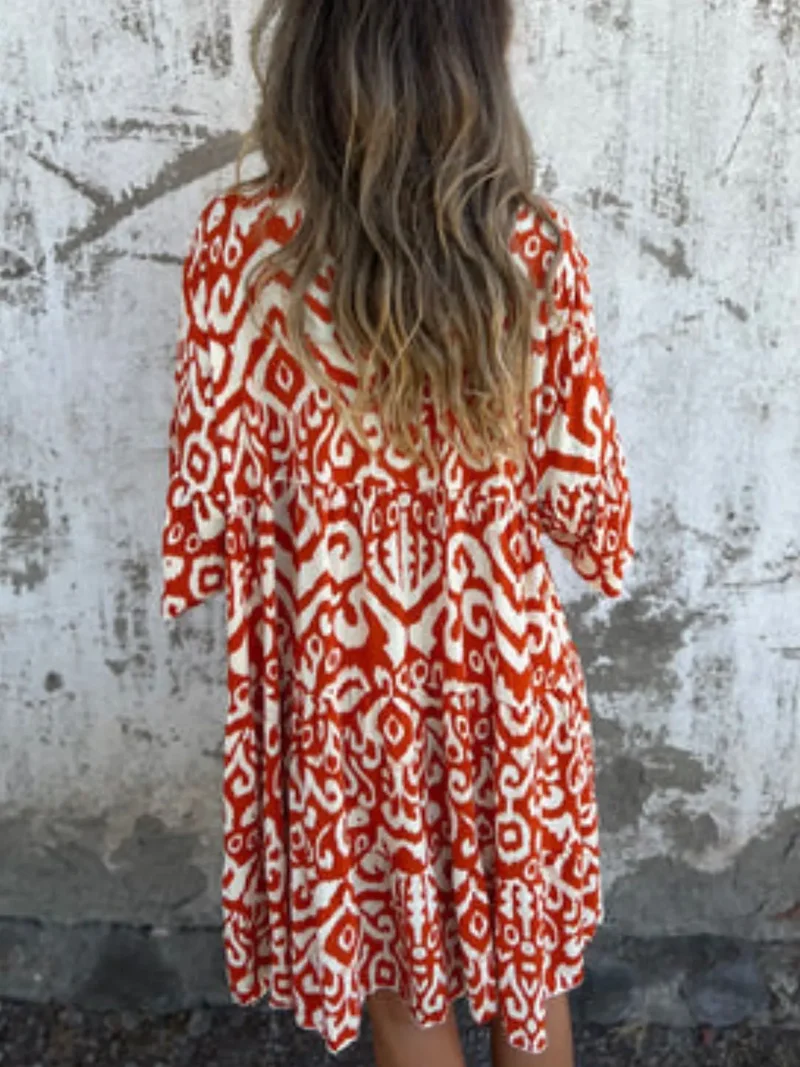 Robe imprimée à manches courtes et crantées, grande taille