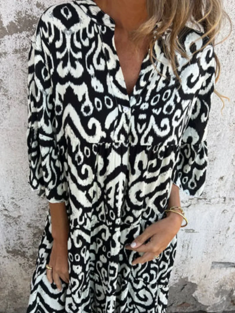 Robe imprimée à manches courtes et crantées, grande taille
