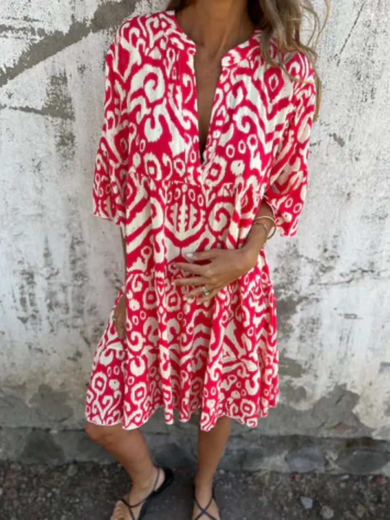 Robe imprimée à manches courtes et crantées, grande taille