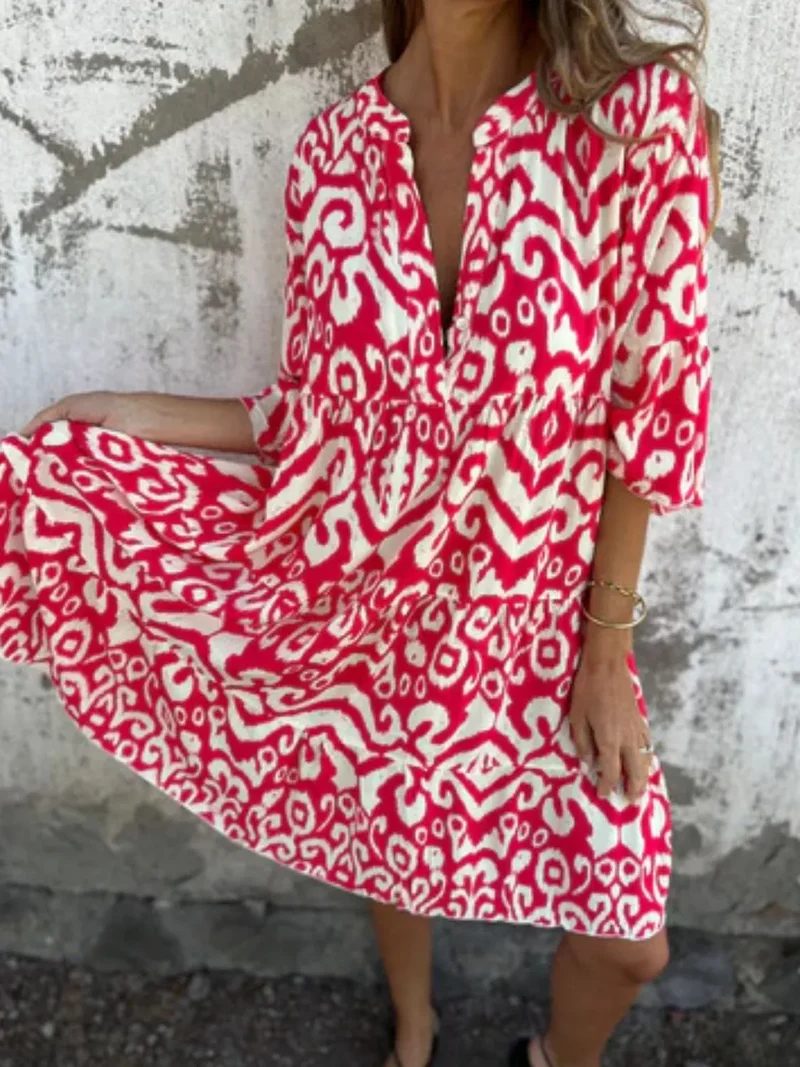 Robe imprimée à manches courtes et crantées, grande taille