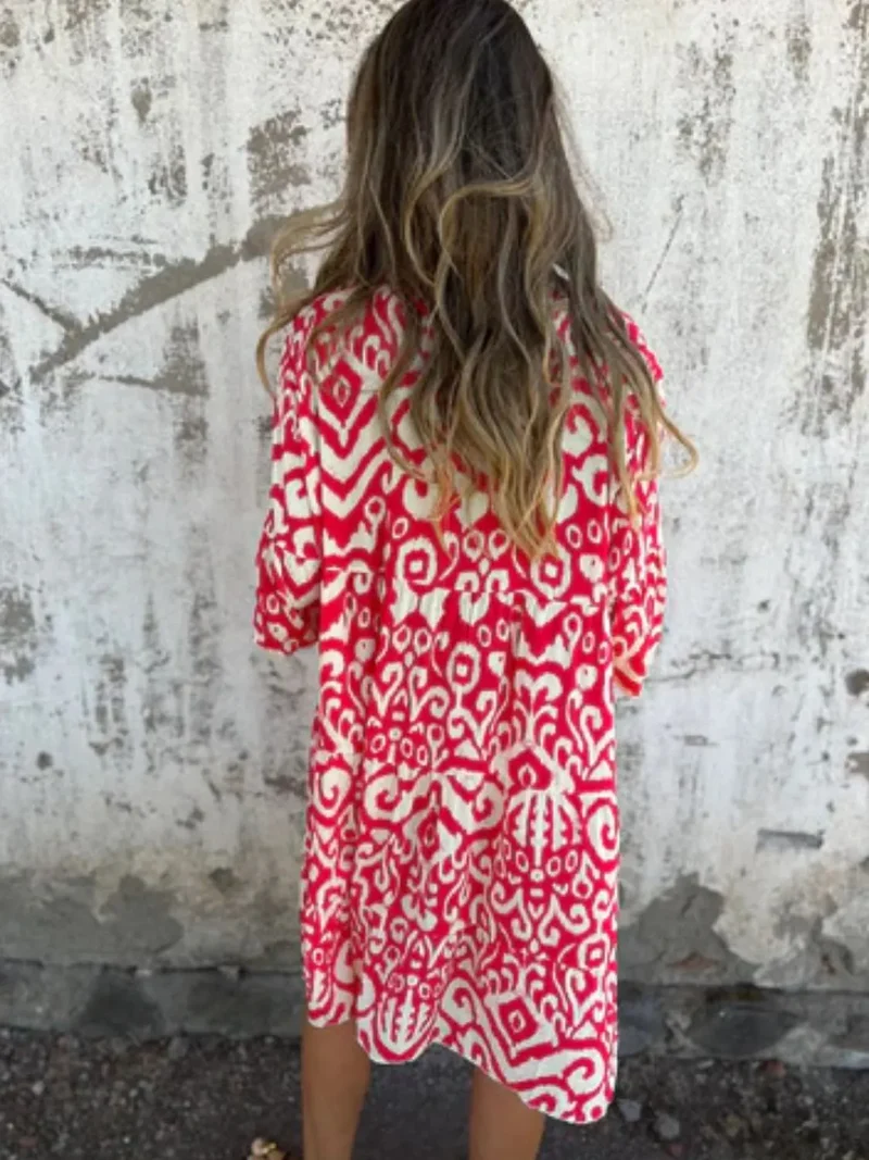 Robe imprimée à manches courtes et crantées, grande taille
