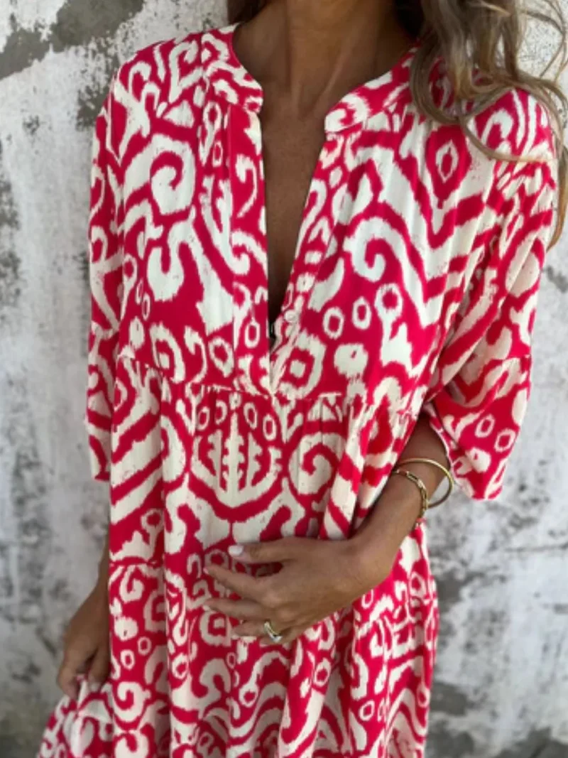 Robe imprimée à manches courtes et crantées, grande taille