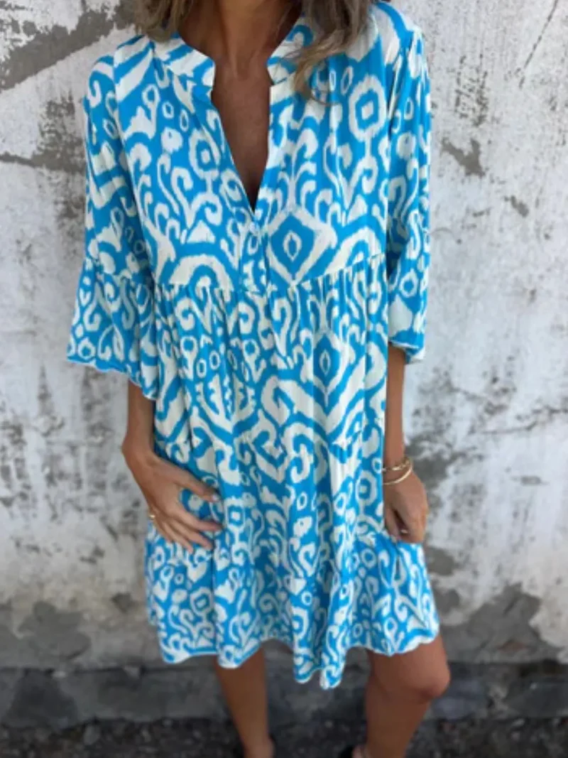 Robe imprimée à manches courtes et crantées, grande taille