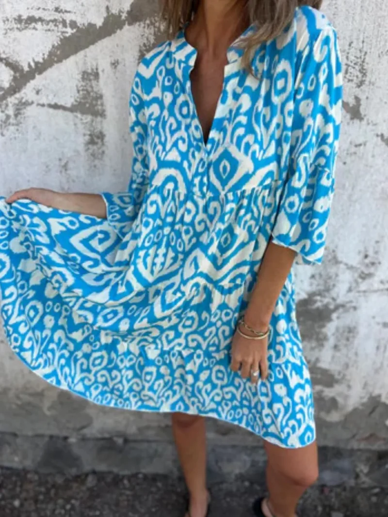 Robe imprimée à manches courtes et crantées, grande taille