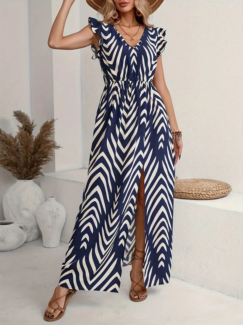 Robe longue imprimée à col en V et manches courtes