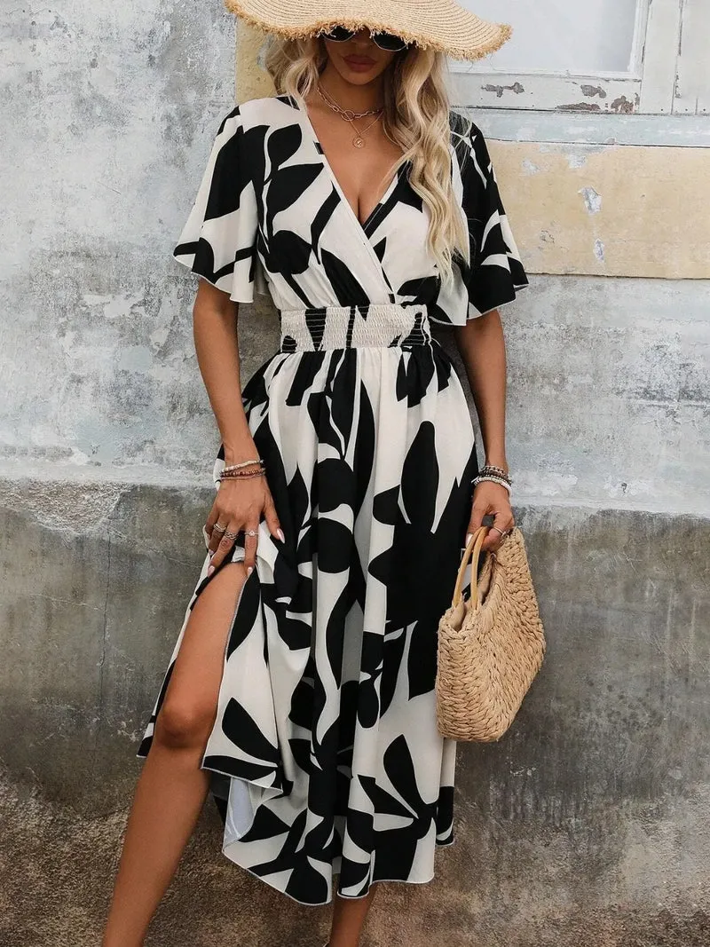 Robe midi imprimée à manches courtes et surplis