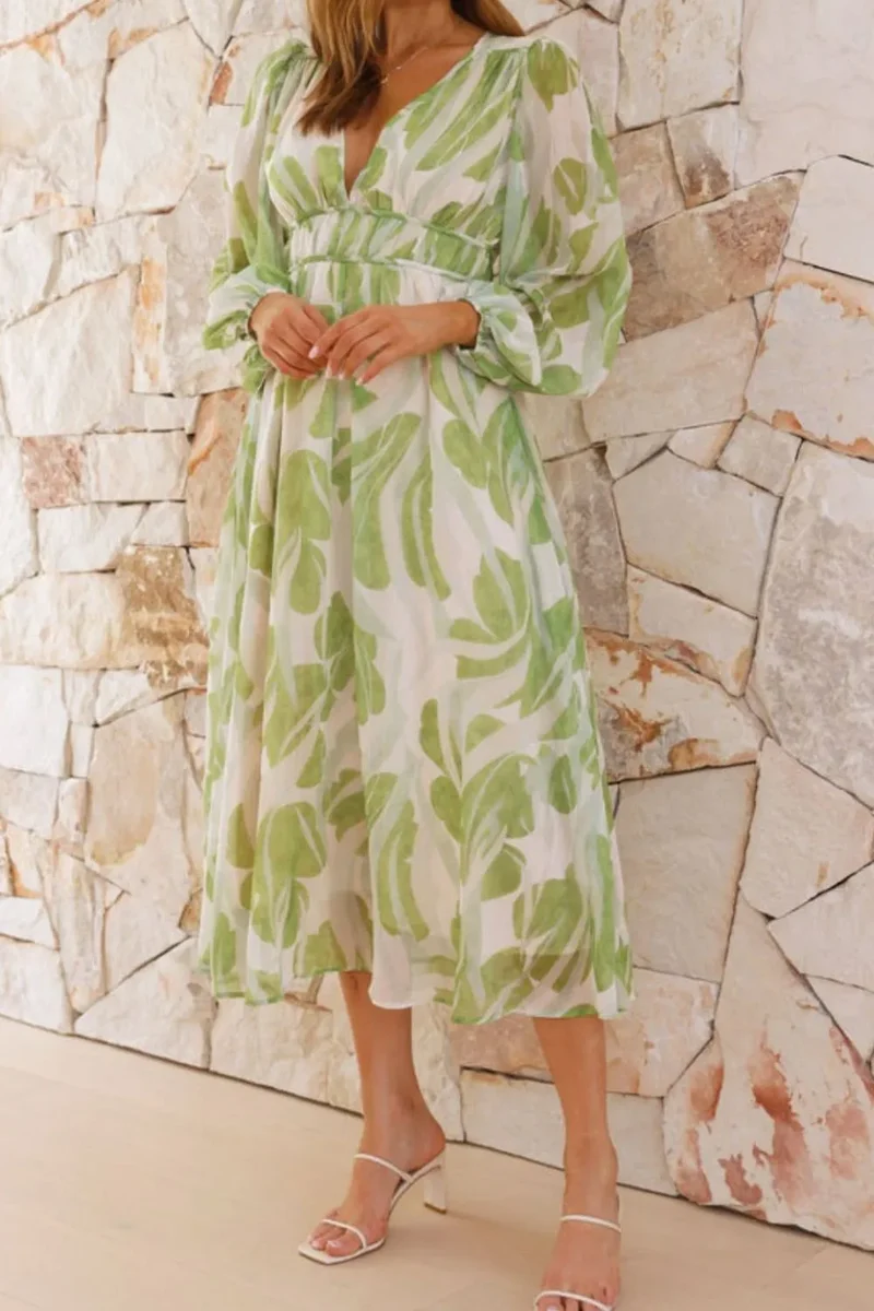 Robe midi imprimée à col en V et manches longues