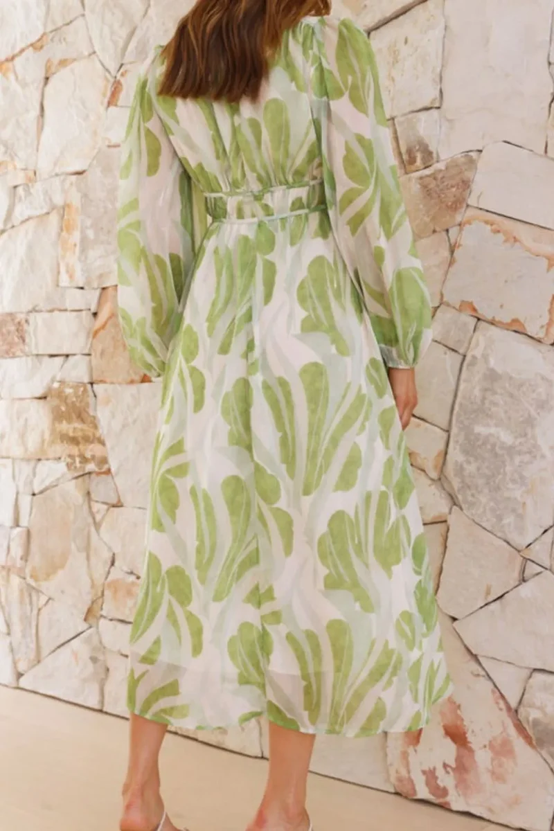 Robe midi imprimée à col en V et manches longues