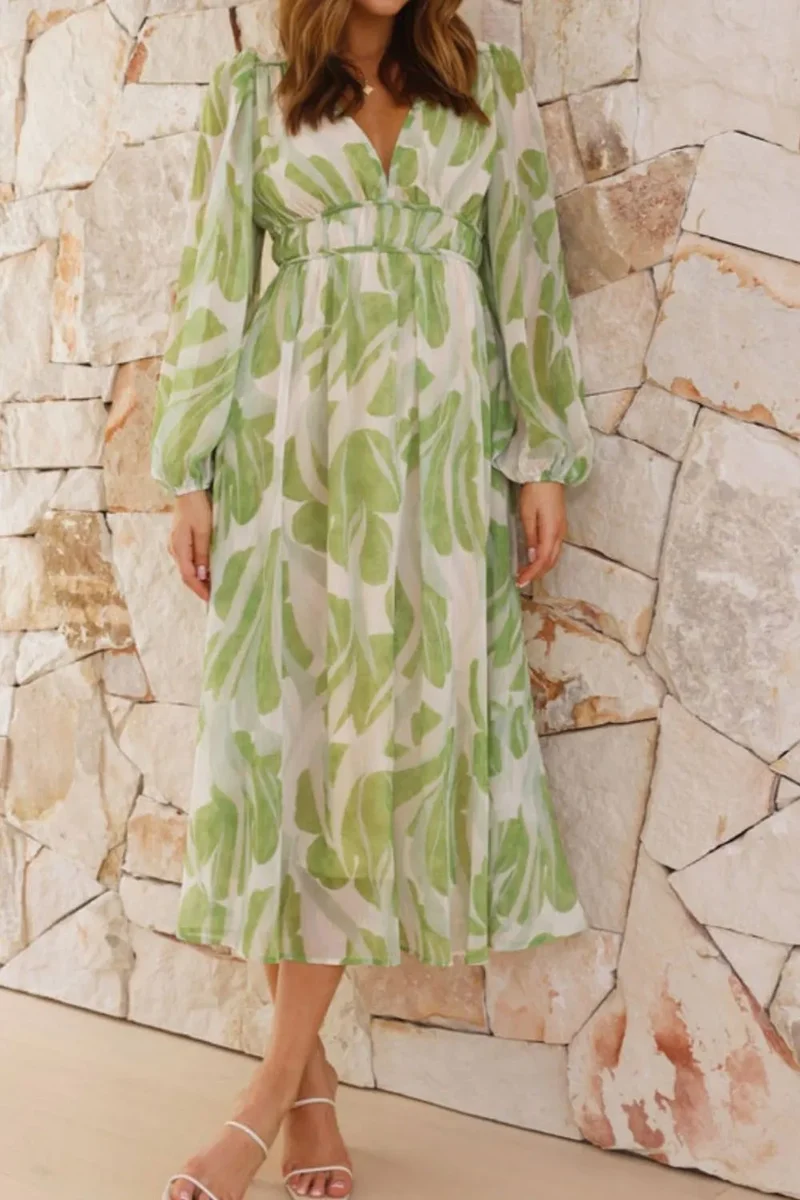 Robe midi imprimée à col en V et manches longues