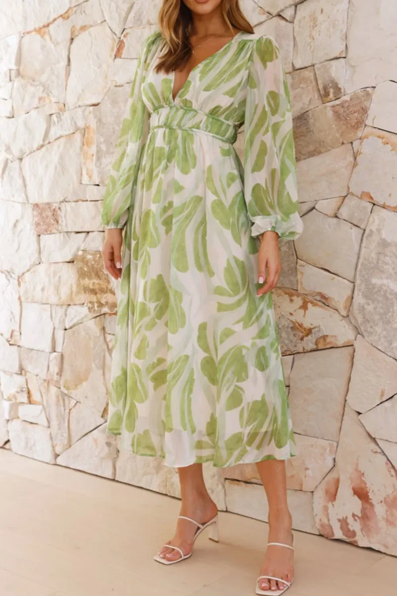 Robe midi imprimée à col en V et manches longues