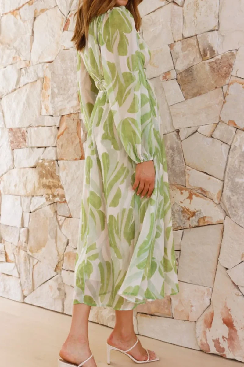 Robe midi imprimée à col en V et manches longues