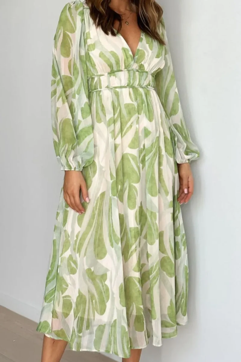 Robe midi imprimée à col en V et manches longues