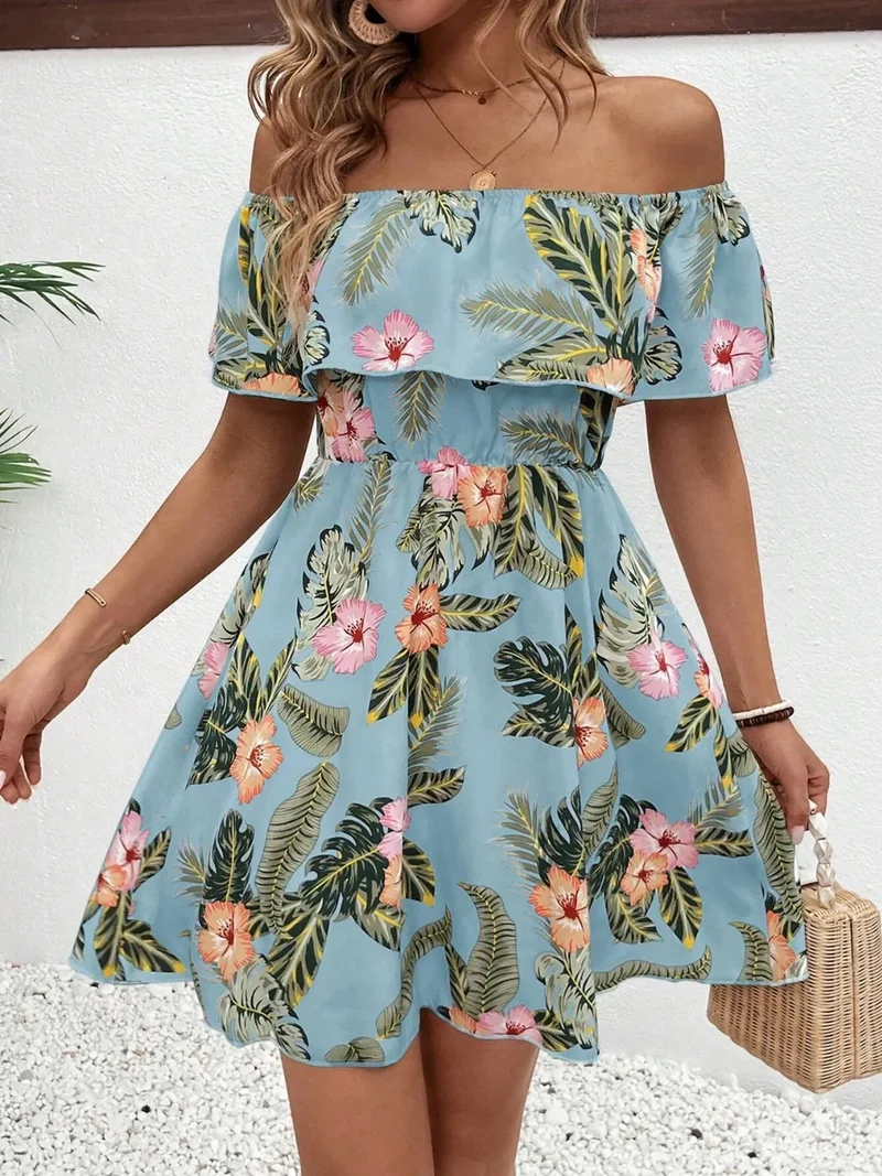 Mini-robe imprimée à épaules dénudées