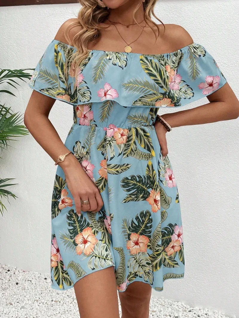 Mini-robe imprimée à épaules dénudées