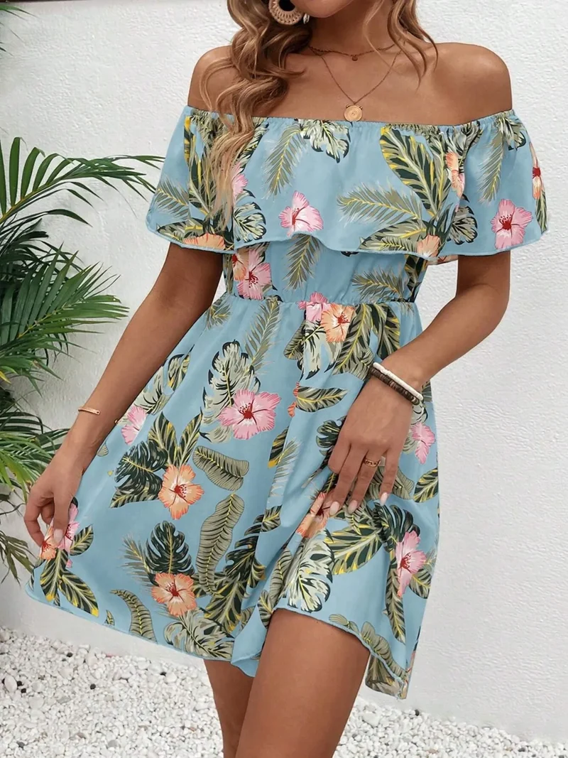 Mini-robe imprimée à épaules dénudées